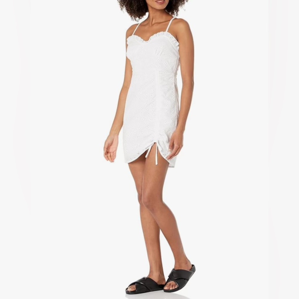 xtraordinary White Sleeveless Ruched Eyelet Sweetheart Mini Dress